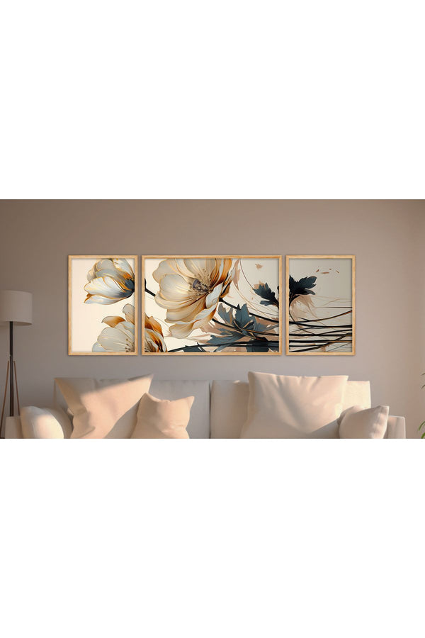 Çiçek Desenli Modern Tablo Seti - 3’lü Ahşap Çerçeve | Huhu303