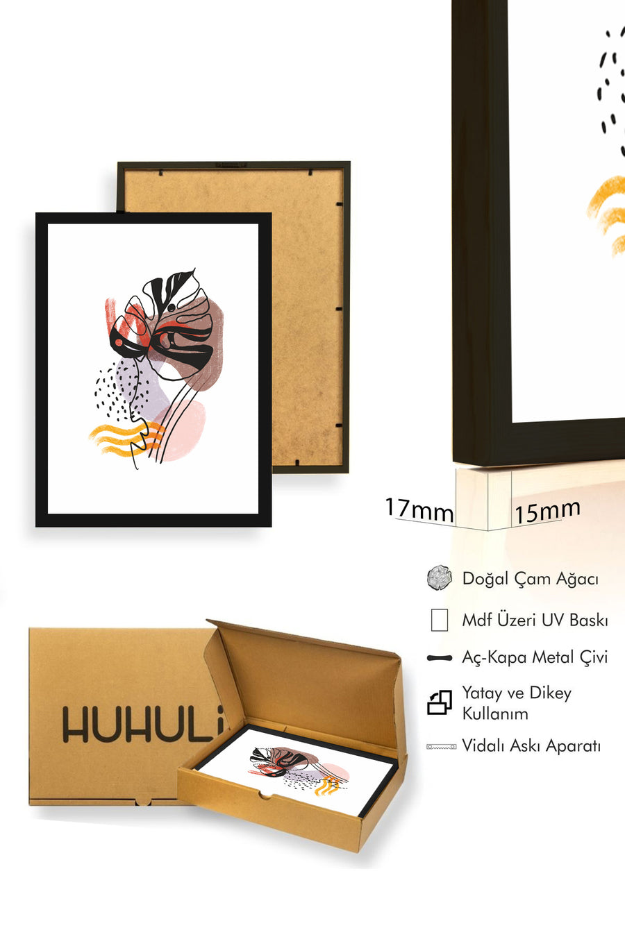 Doğal Ahşap Çerçeveli Soyut Yaprak Desenli Tablo - Canlı Tonlar | huhu1058