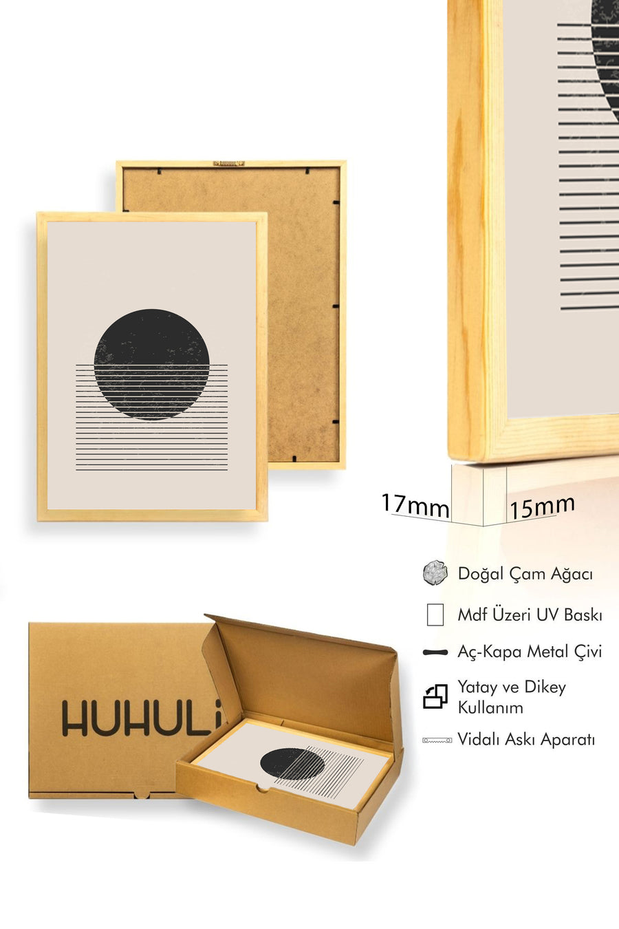 Doğal Ahşap Çerçeveli Minimal Geometrik Desenli Tablo - Pastel | huhu1030