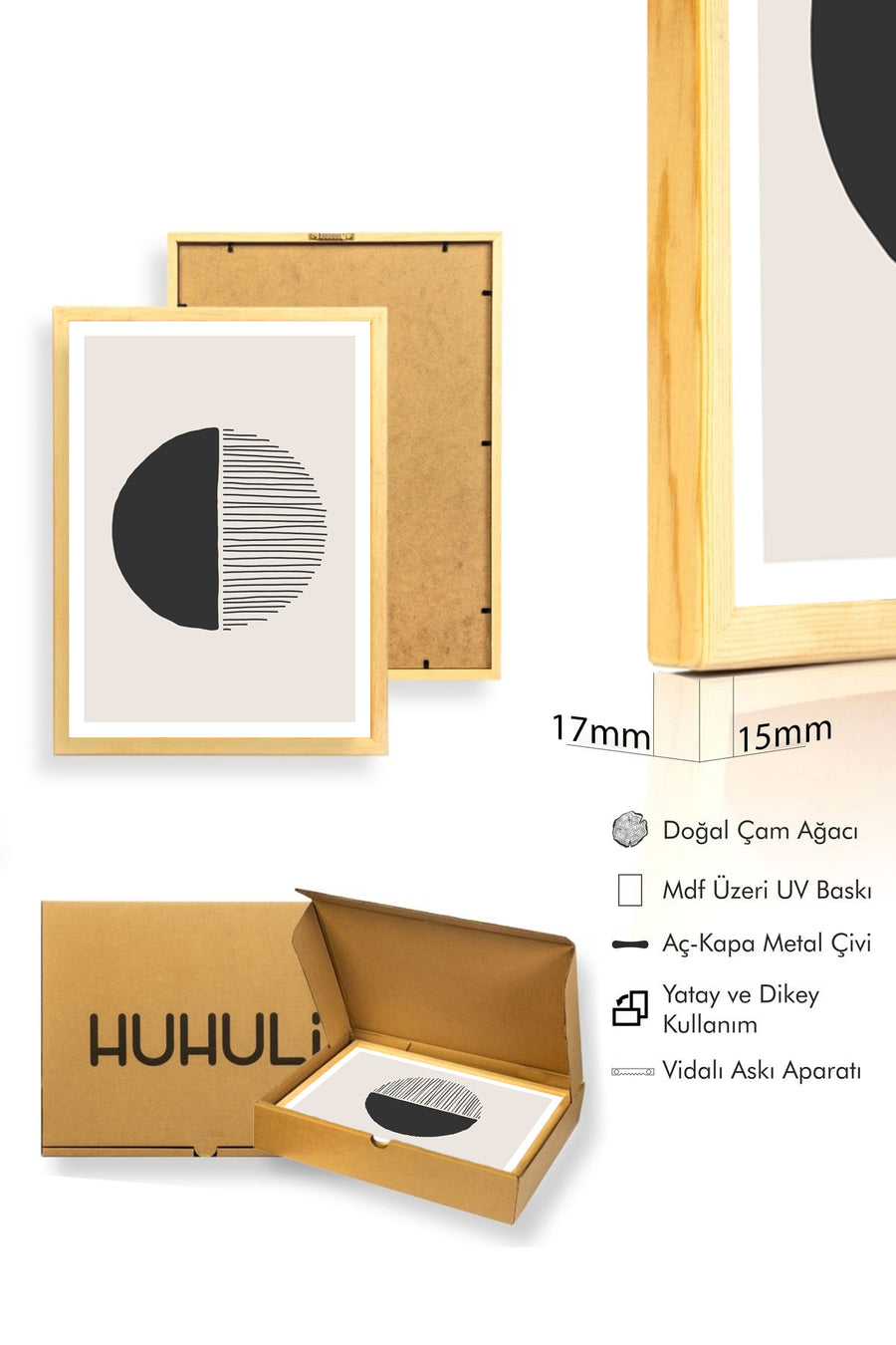 Doğal Ahşap Çerçeveli Minimal Geometrik Desenli Tablo - Pastel | huhu1559