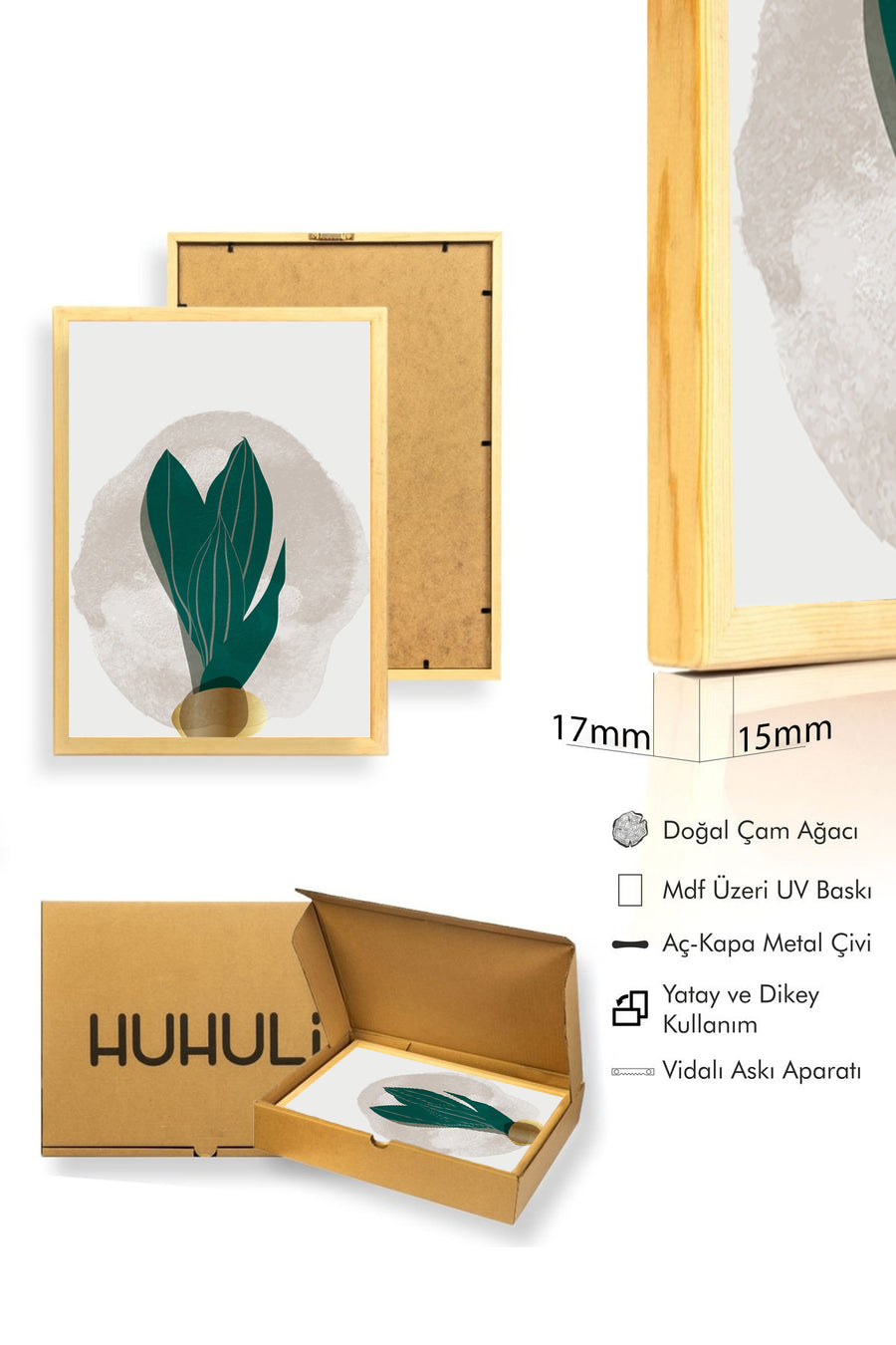 Doğal Ahşap Çerçeveli Minimal Yaprak Desenli Tablo - Canlı Tonlar | huhu1401