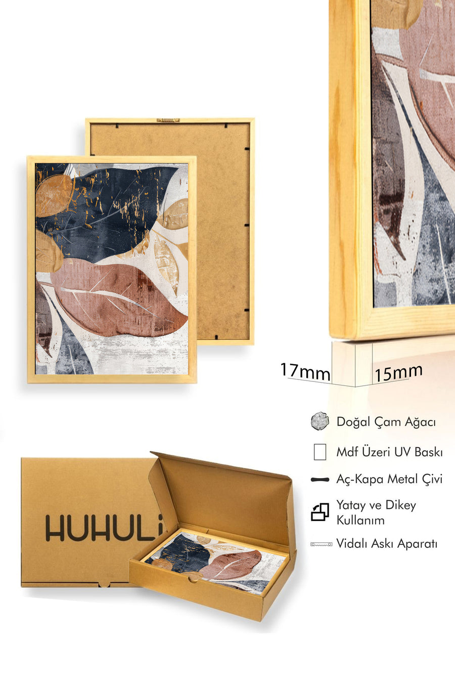 Doğal Ahşap Çerçeveli Yaprak Desenli Tablo - Modern | huhu1285