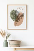 Doğal Ahşap Çerçeveli Minimal Yaprak Desenli Tablo - Pastel Tonlar | huhu1496