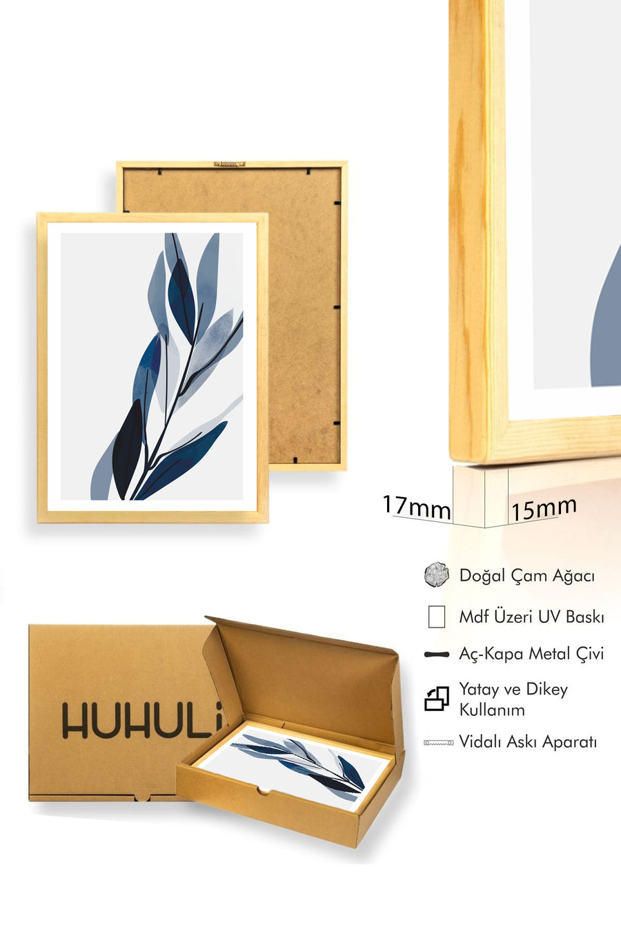 Doğal Ahşap Çerçeveli Minimal Yaprak Desenli Tablo - Mavi Tonlar | huhu1019