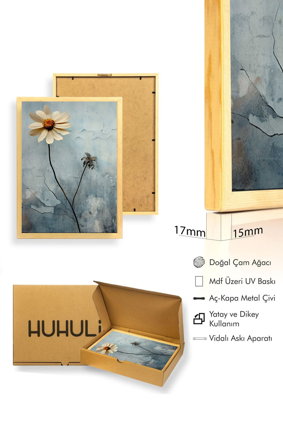 Doğal Ahşap Çerçeveli Çiçek Desenli Tablo - Pastel | huhu1301
