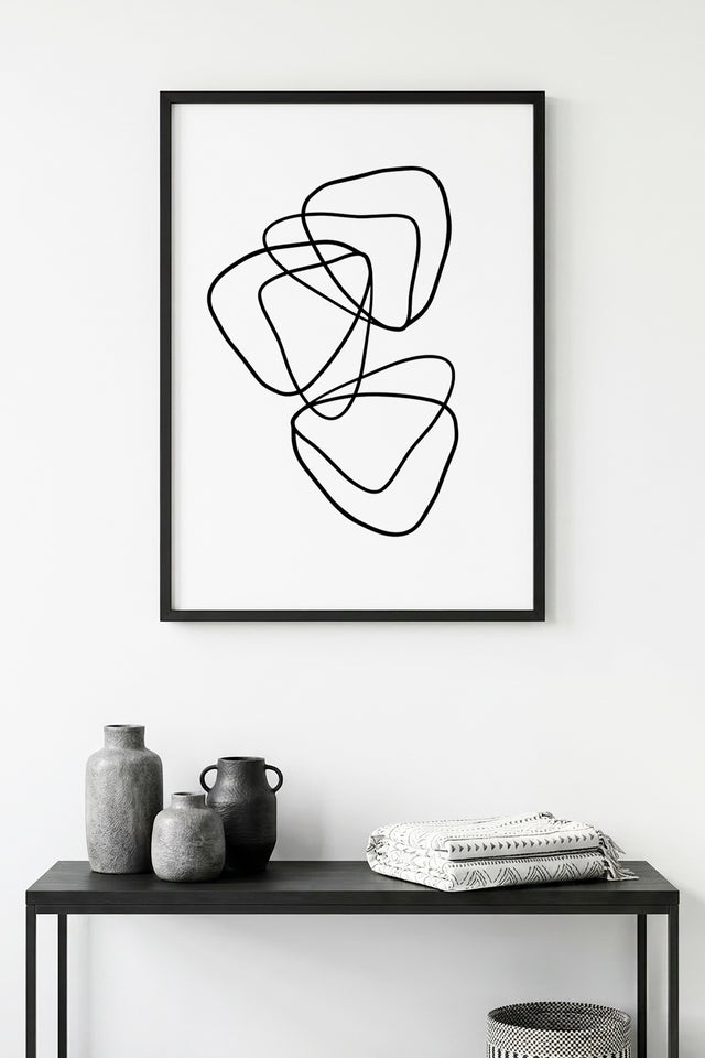 Doğal Ahşap Çerçeveli Minimal Line Art Tablo - Siyah Beyaz | huhu1080