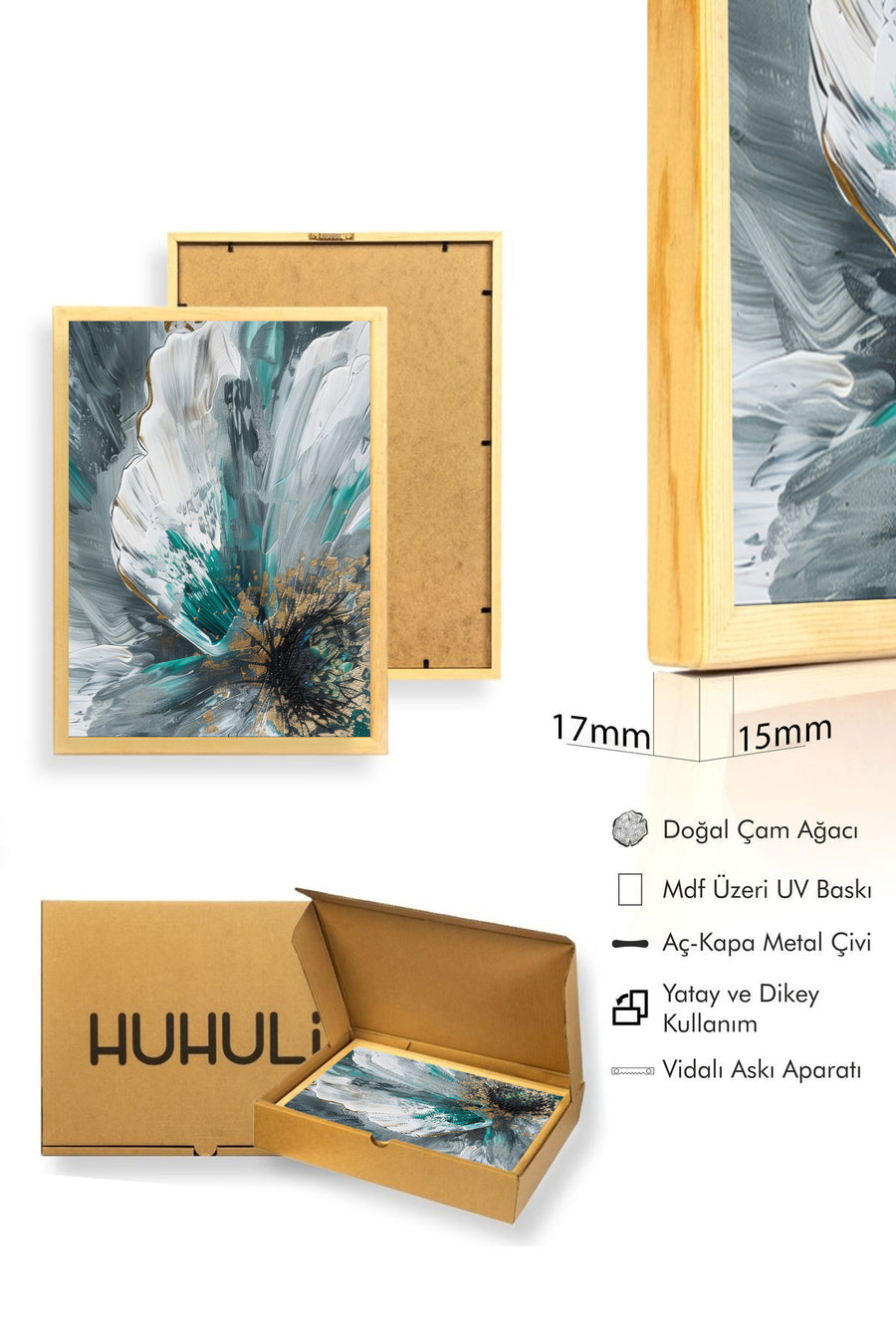 Doğal Ahşap Çerçeveli Soyut Çiçek Desenli Tablo - Canlı Tonlar | huhu1297