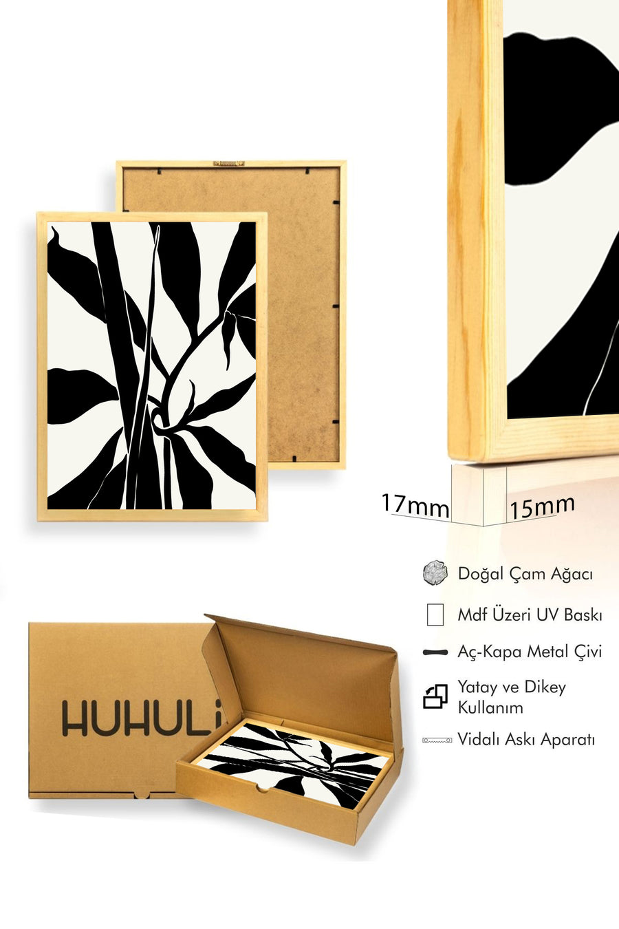 Doğal Ahşap Çerçeveli Minimal Yaprak Desenli Tablo - Siyah-Beyaz | huhu1324