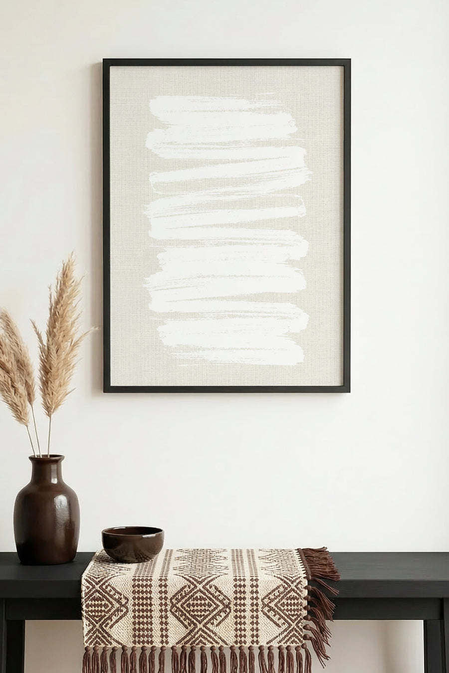 Doğal Ahşap Çerçeveli Minimal Beyaz Fırça Desenli Tablo - Pastel | huhu1069
