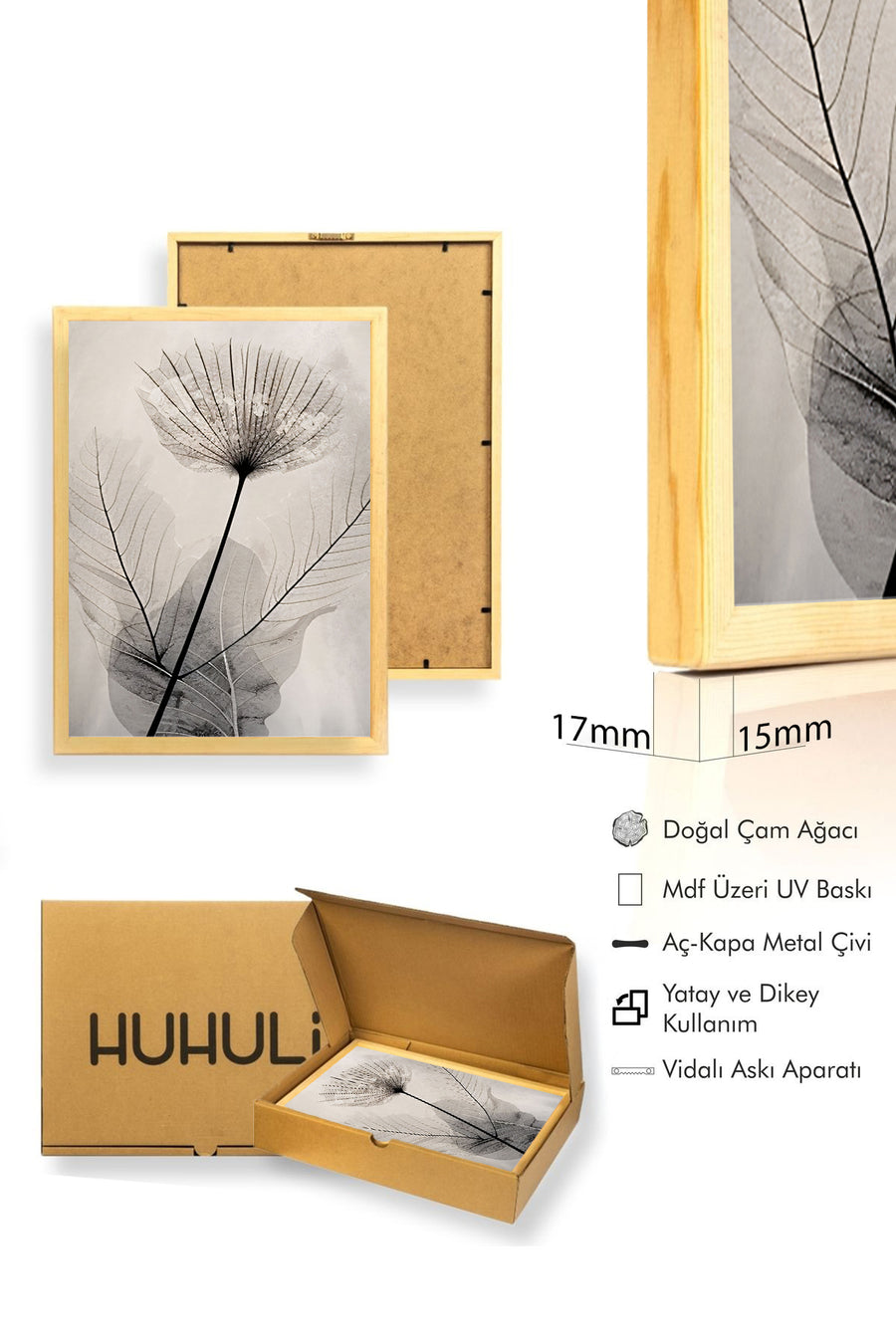 Doğal Ahşap Çerçeveli Minimal Yaprak Desenli Tablo - Siyah Beyaz | huhu1320