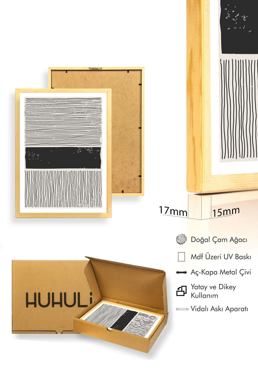 Doğal Ahşap Çerçeveli Çizgili Desenli Tablo - Minimal | huhu1534