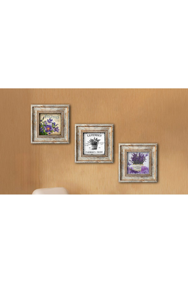Vintage Çiçekli Tablo Seti - 3’lü Ahşap Çerçeve | Huhu324