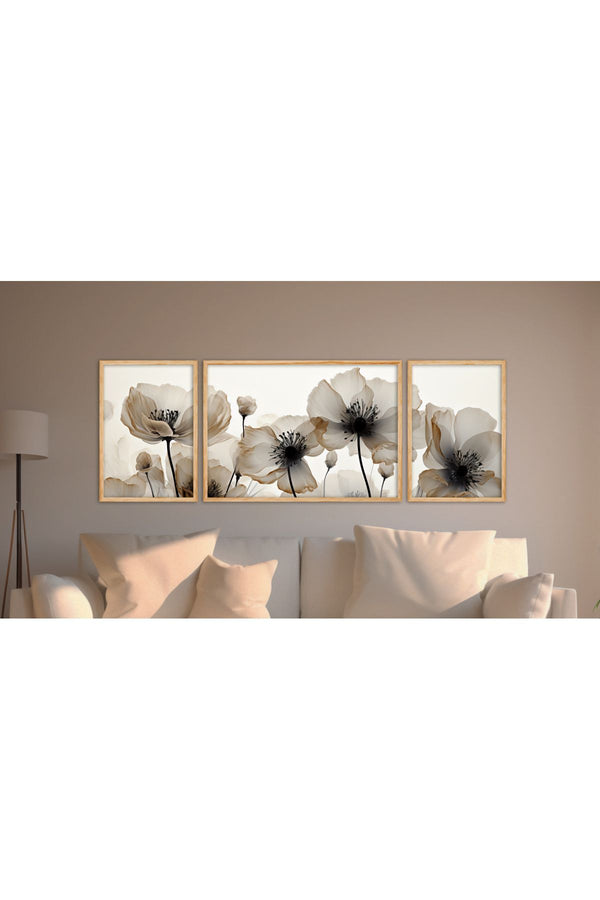 Soyut Çiçek Desenli Tablo Seti - Modern 3’lü Set | Huhu305