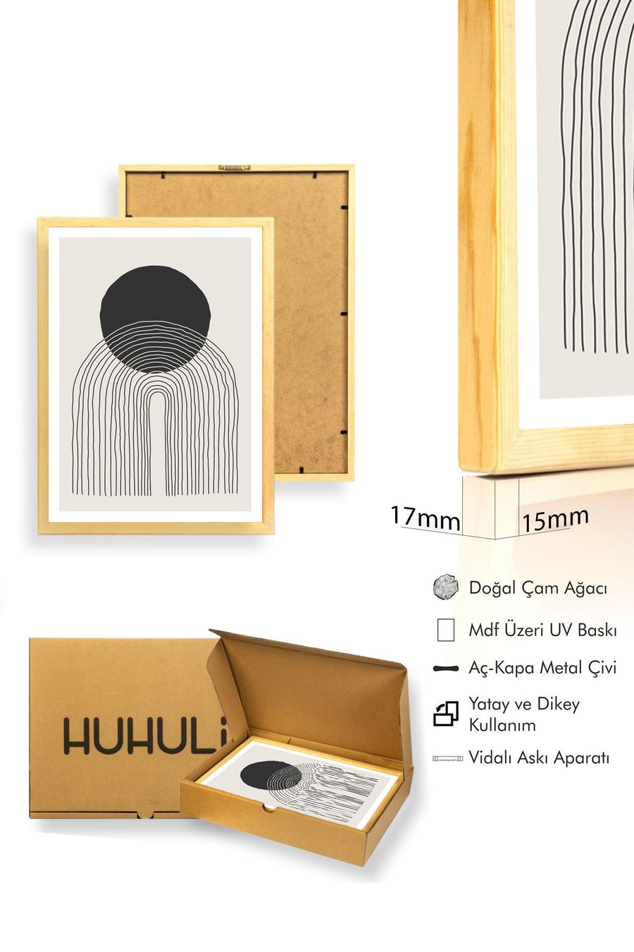 Doğal Ahşap Çerçeveli Minimalist Desenli Tablo - Soyut | huhu1033