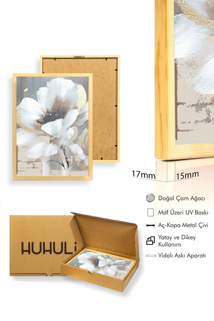 Doğal Ahşap Çerçeveli Çiçek Desenli Tablo - Pastel Tonlar | huhu1319