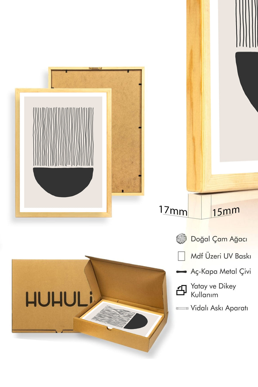 Doğal Ahşap Çerçeveli Minimal Çizgili Tablo - Siyah-Beyaz | huhu1558
