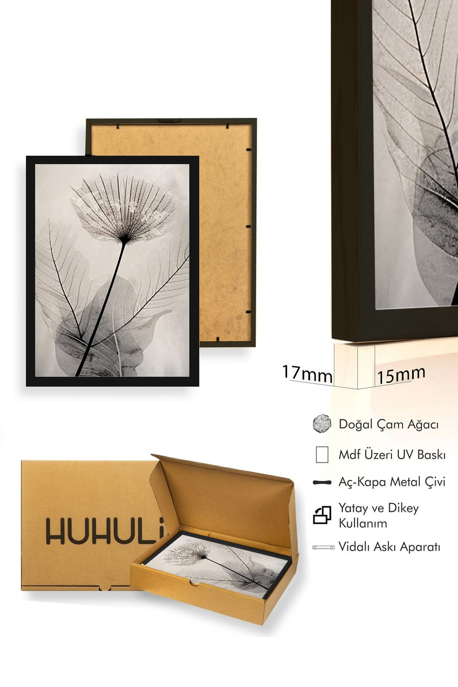 Doğal Ahşap Çerçeveli Minimal Yaprak Desenli Tablo - Siyah Beyaz | huhu1320