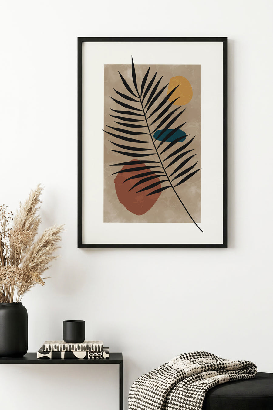 Doğal Ahşap Çerçeveli Minimal Yaprak Desenli Tablo - Pastel Tonlar | huhu1328