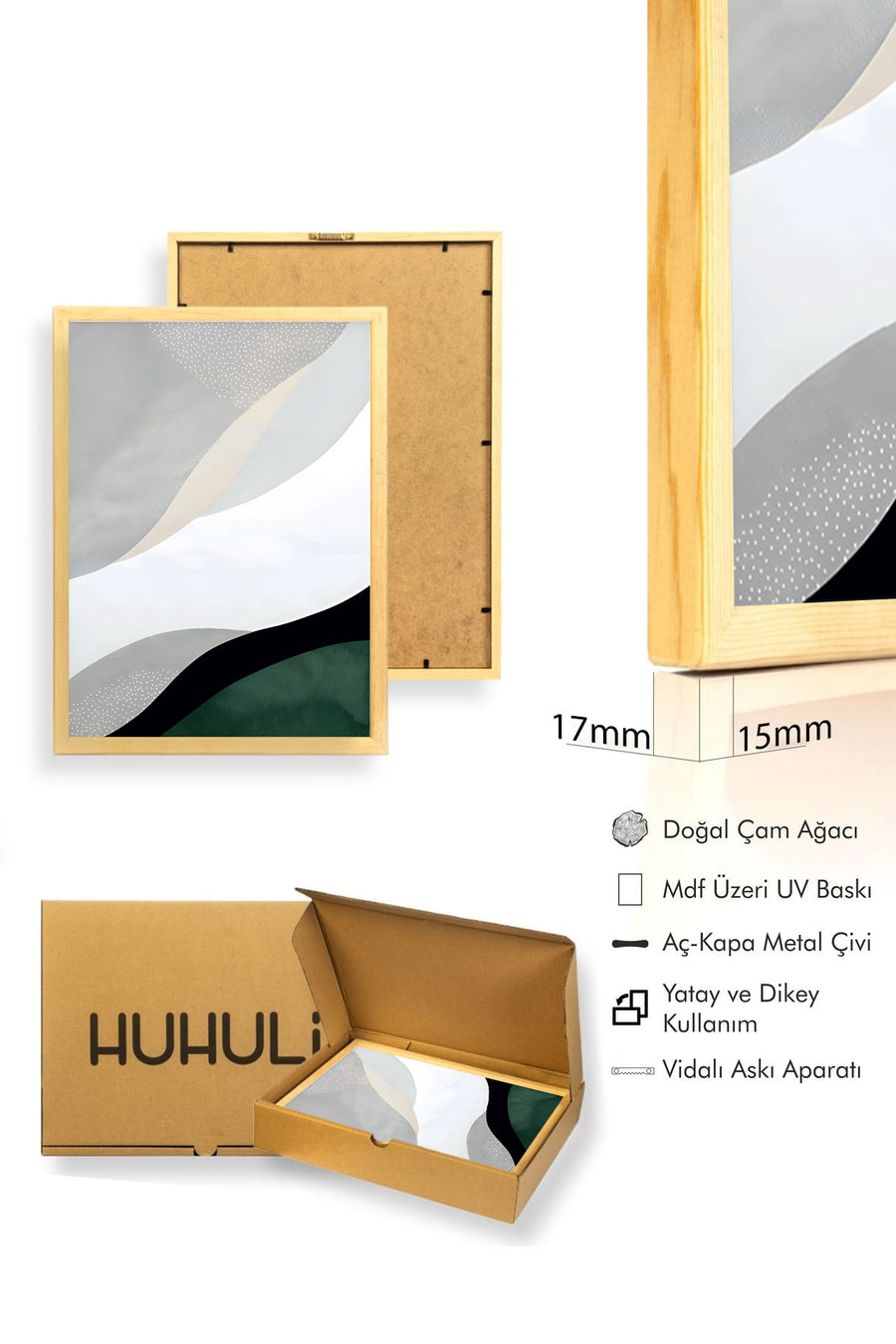 Doğal Ahşap Çerçeveli Soyut Desenli Tablo - Pastel Tonlar | huhu1064