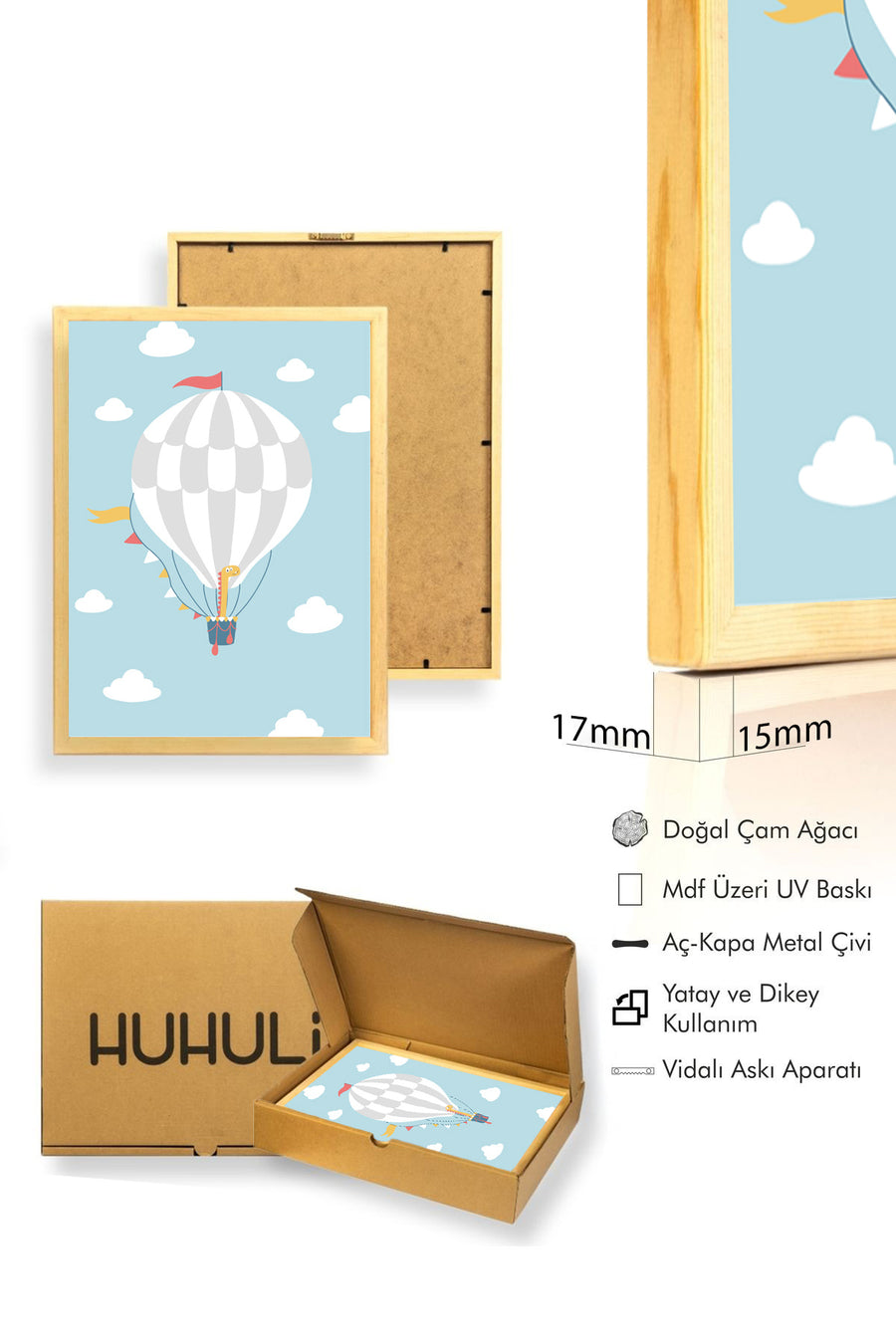 Doğal Ahşap Çerçeveli Çocuk Temalı Balon Tablo - Canlı Tonlar | huhu1631