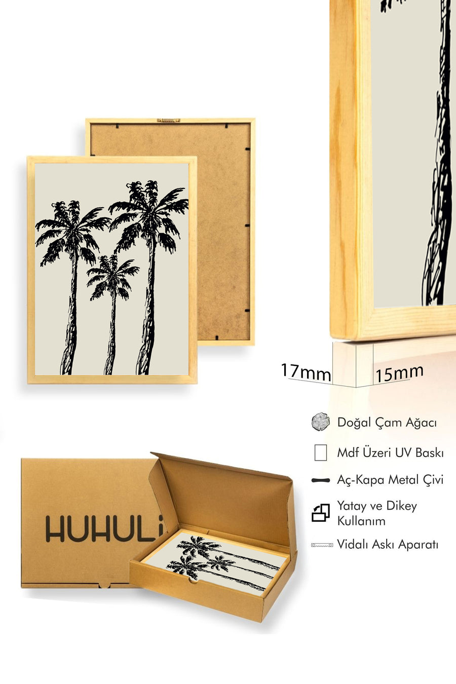 Doğal Ahşap Çerçeveli Minimal Palm Ağaçları Desenli Tablo - Siyah-Beyaz | huhu1074