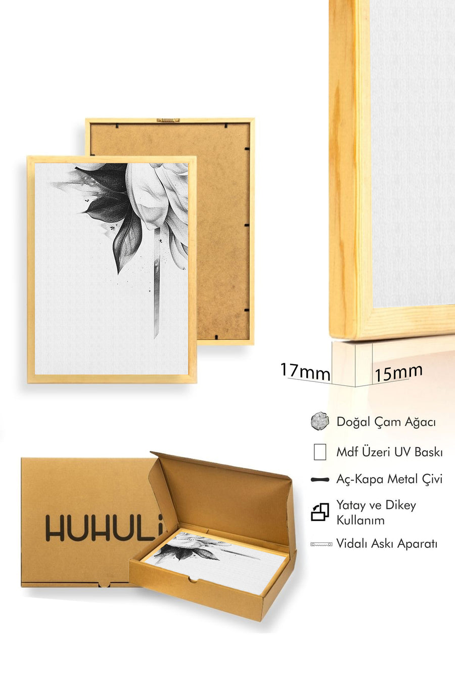 Doğal Ahşap Çerçeveli Minimal Siyah Beyaz Çiçek Desenli Tablo - Modern Tema | huhu1315