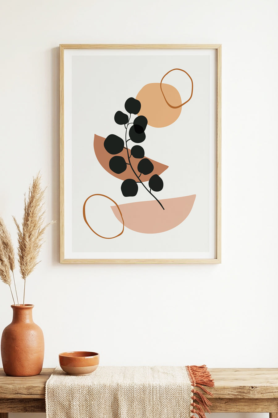 Doğal Ahşap Çerçeveli Minimal Yaprak Desenli Tablo - Pastel Tonlar | huhu1524