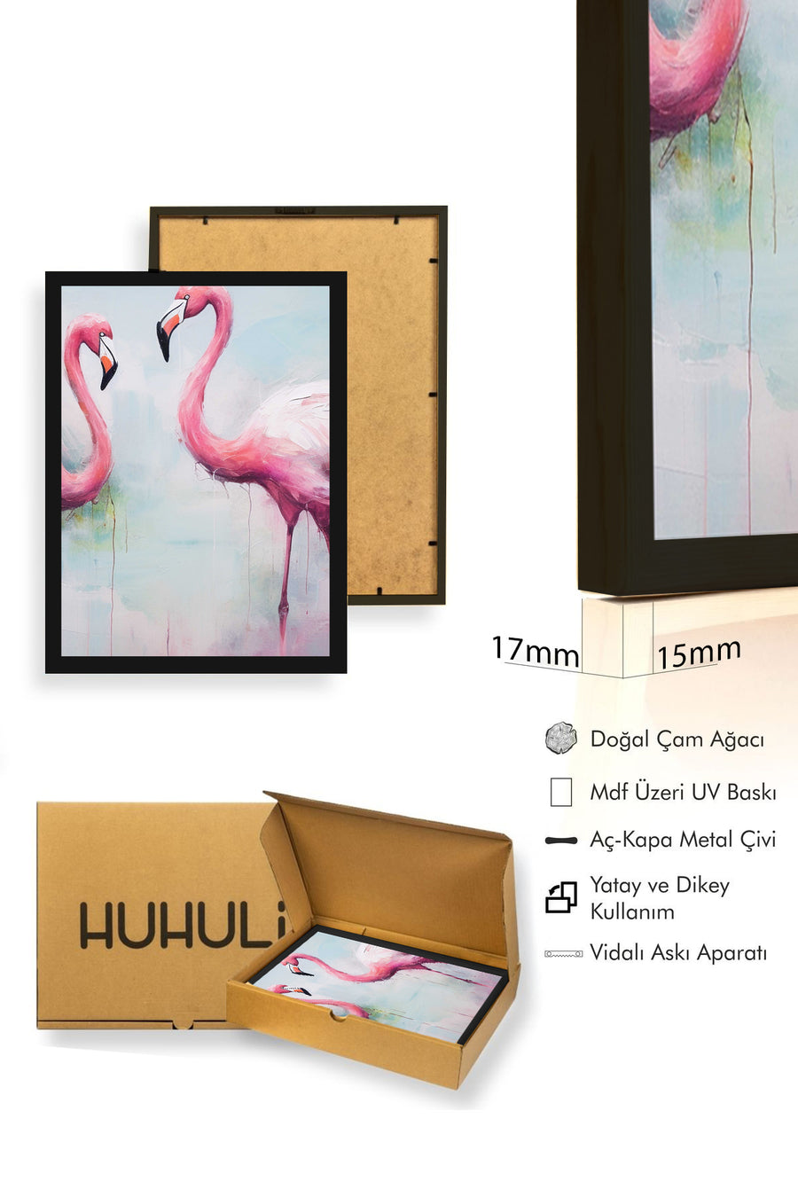 Doğal Ahşap Çerçeveli Flamingo Desenli Tablo - Pastel Tonlar | huhu1303
