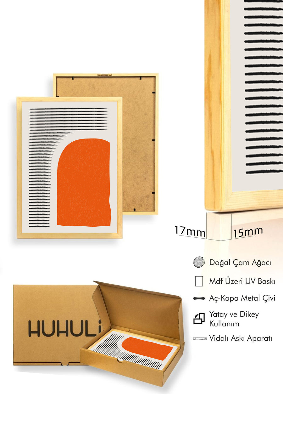 Doğal Ahşap Çerçeveli Soyut Desenli Tablo - Canlı Tonlar | huhu1366