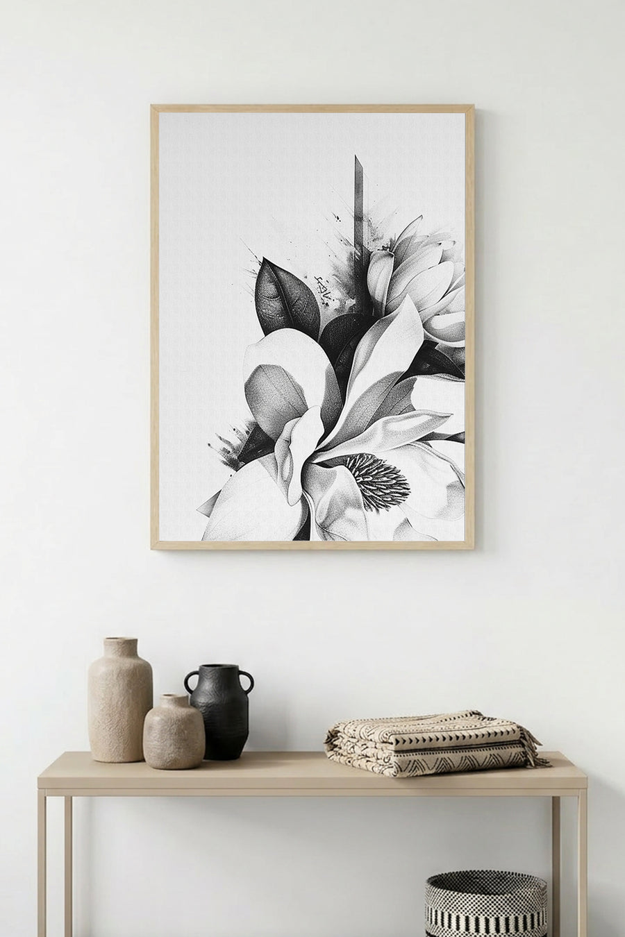 Doğal Ahşap Çerçeveli Çiçek Desenli Tablo - Minimal | huhu1316