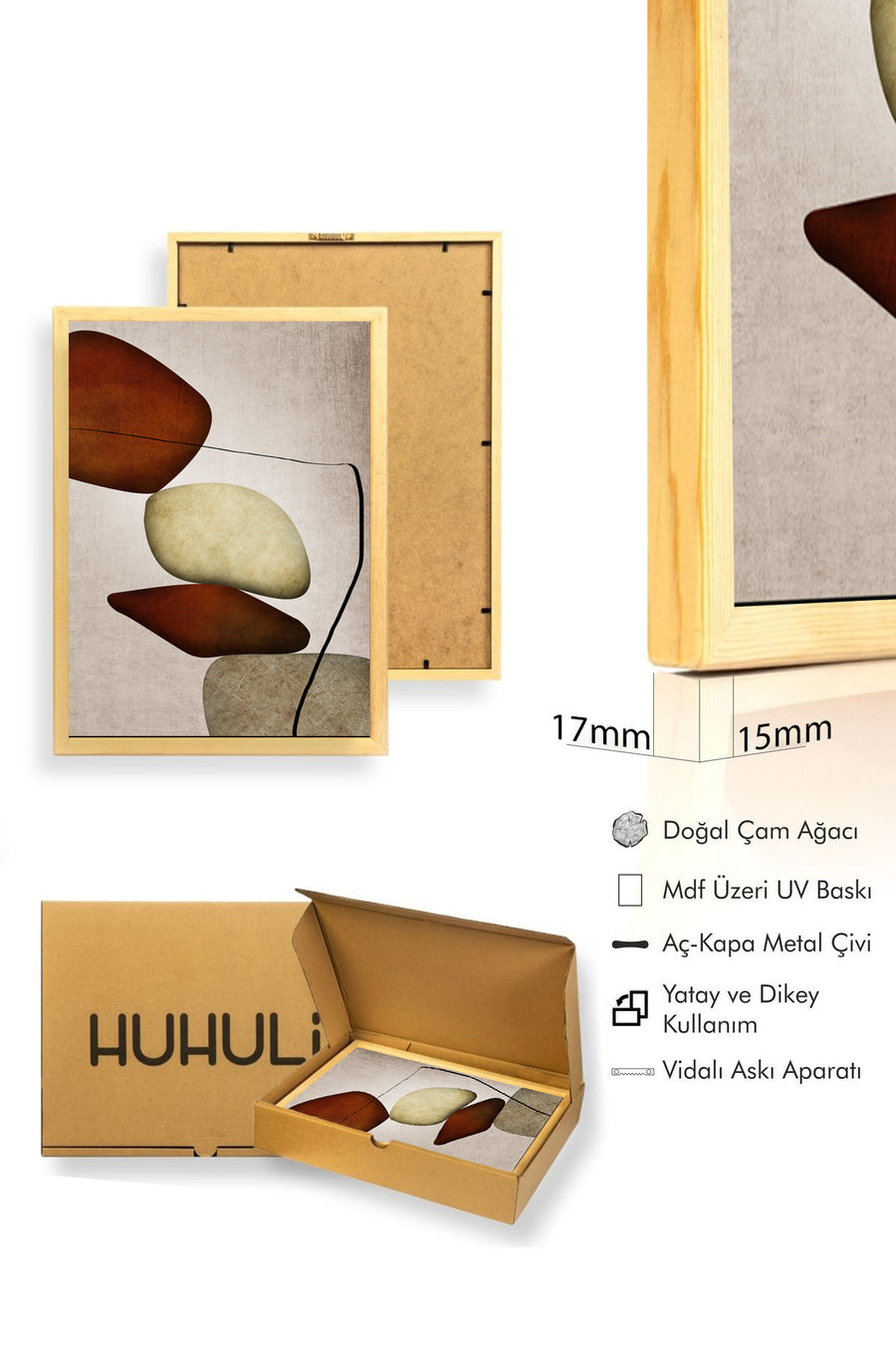 Doğal Ahşap Çerçeveli Soyut Taş Desenli Tablo - Pastel Tonlar | huhu1290