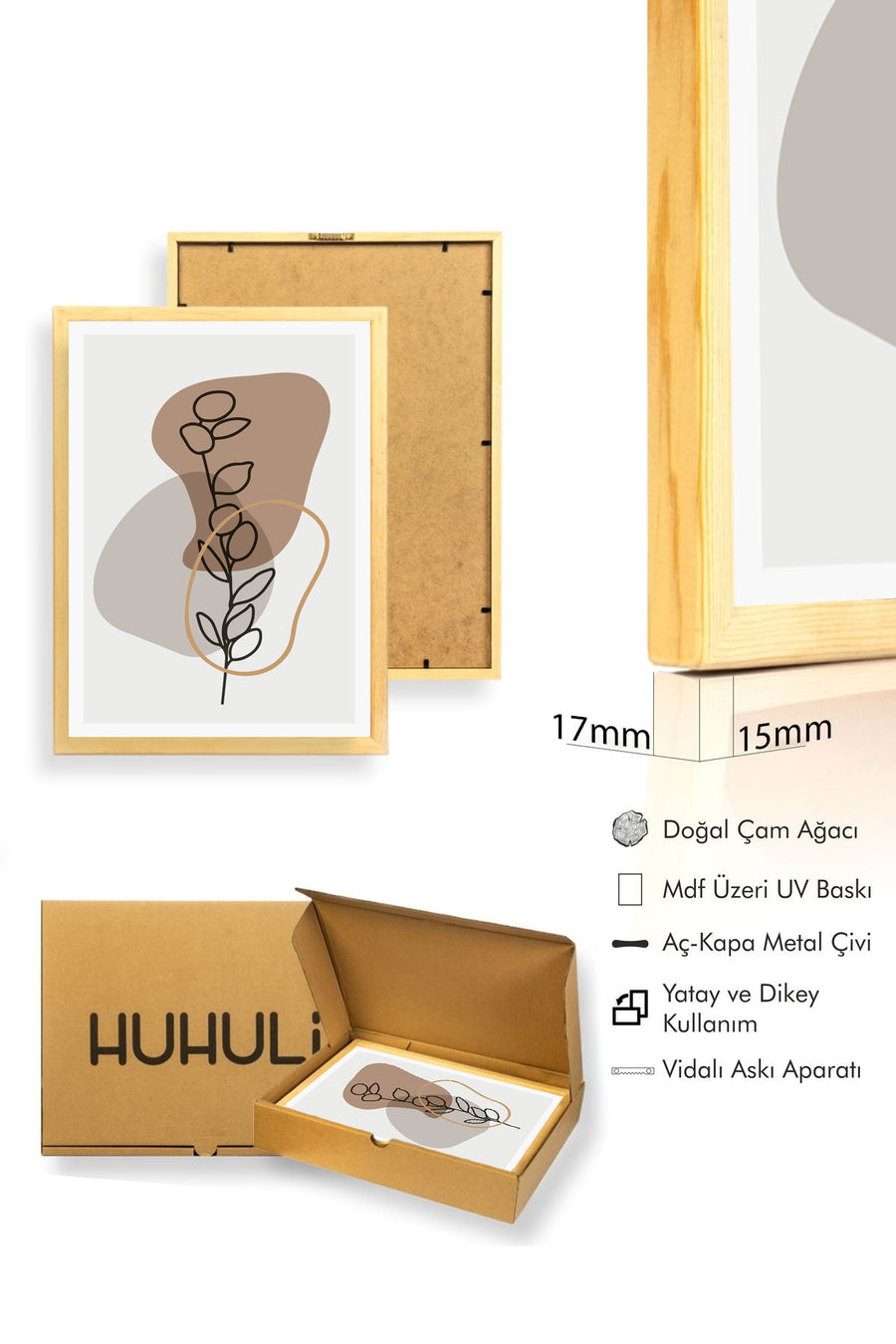 Doğal Ahşap Çerçeveli Minimal Yaprak Desenli Tablo - Pastel | huhu1499