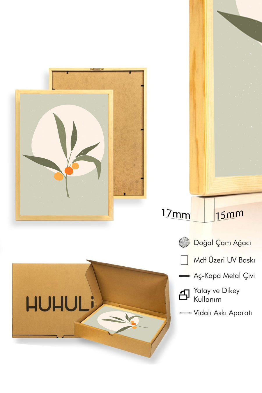 Doğal Ahşap Çerçeveli Minimal Yaprak Desenli Tablo - Pastel Tonlar | huhu1500