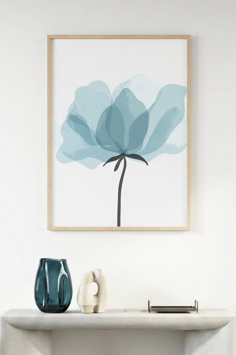 Doğal Ahşap Çerçeveli Soyut Çiçek Desenli Tablo - Pastel Tonlar | huhu1016