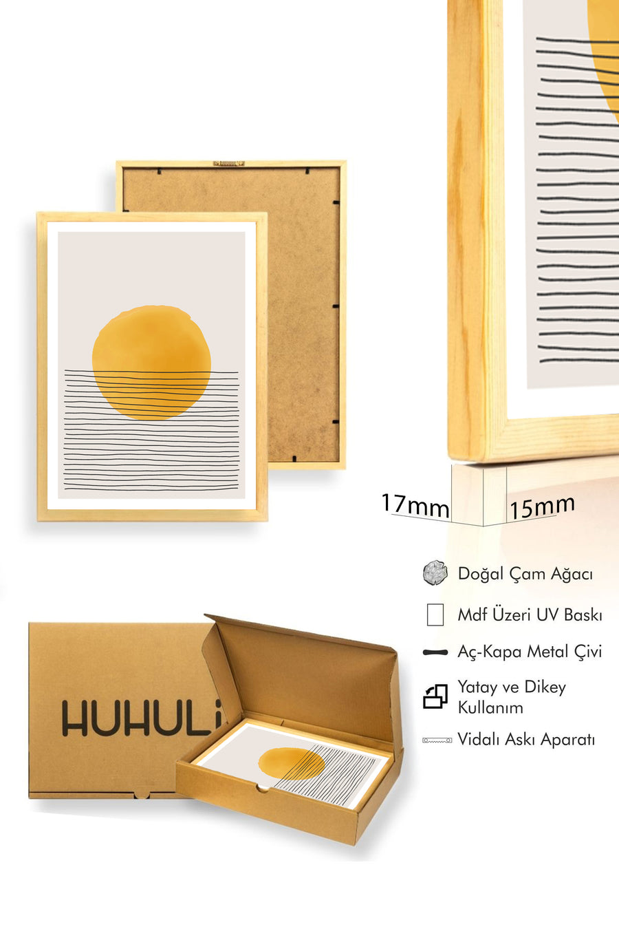 Doğal Ahşap Çerçeveli Soyut Güneş Desenli Tablo - Minimal | huhu1542