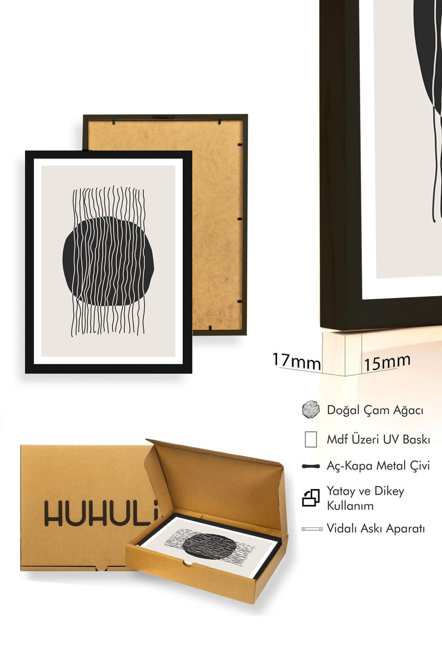 Doğal Ahşap Çerçeveli Minimal Desenli Tablo - Siyah-Beyaz | huhu1034