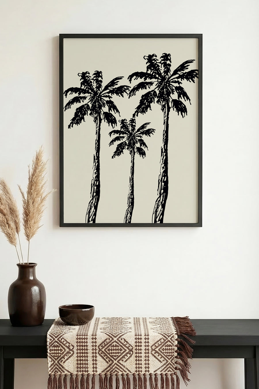Doğal Ahşap Çerçeveli Minimal Palm Ağaçları Desenli Tablo - Siyah-Beyaz | huhu1074