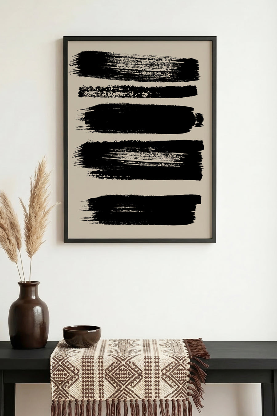 Doğal Ahşap Çerçeveli Soyut Siyah Desenli Tablo - Minimal | huhu1067