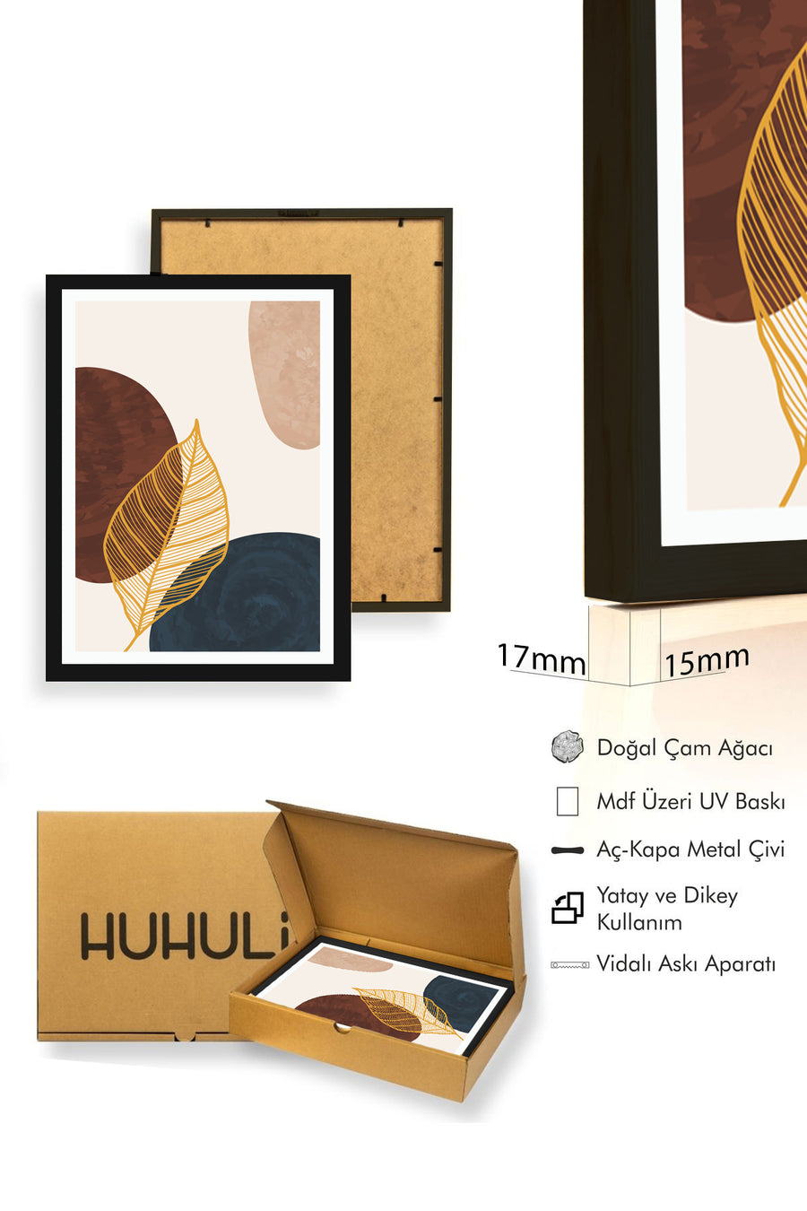 Doğal Ahşap Çerçeveli Minimal Yaprak Desenli Tablo - Canlı Tonlar | huhu1024