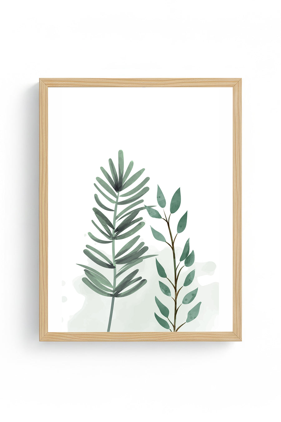 Doğal Ahşap Çerçeveli Minimal Yaprak Desenli Tablo - Pastel Tonlar | huhu1636
