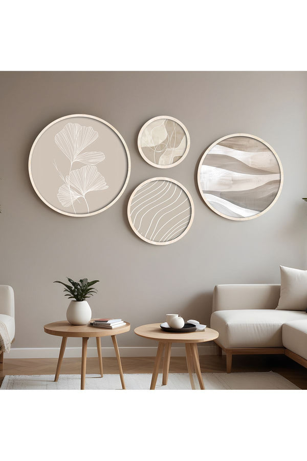 Soyut Desenli Bej Tablo Seti - 4'lü Yuvarlak Set | huhu295
