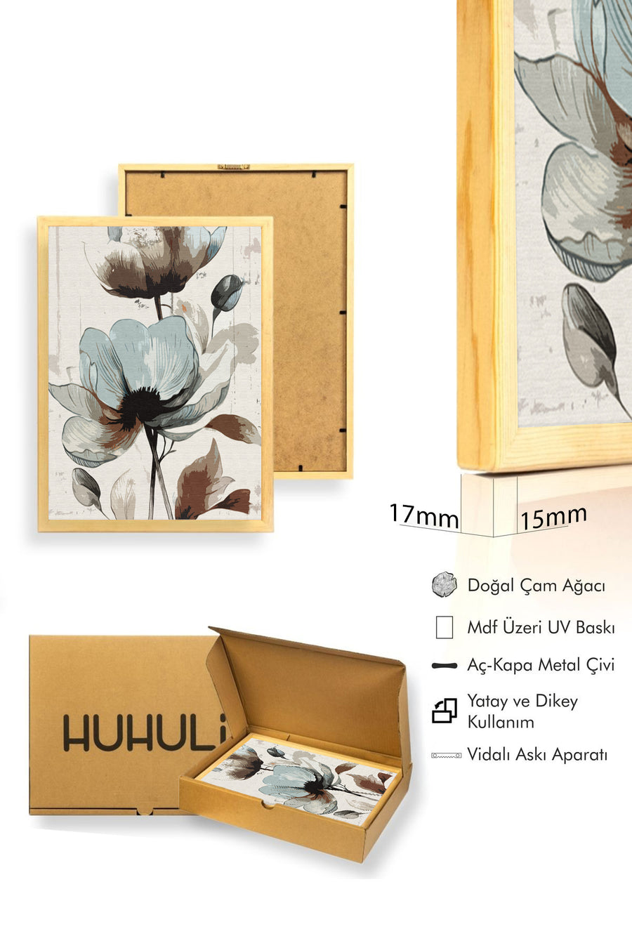 Doğal Ahşap Çerçeveli Çiçek Desenli Tablo - Pastel Tonlar | huhu1312