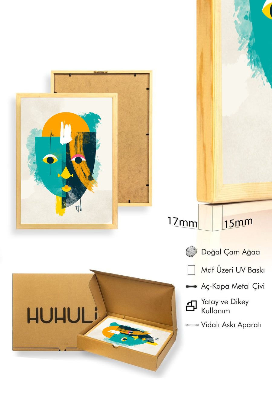 Doğal Ahşap Çerçeveli Soyut Yüz Desenli Tablo - Canlı Tonlar | huhu1454