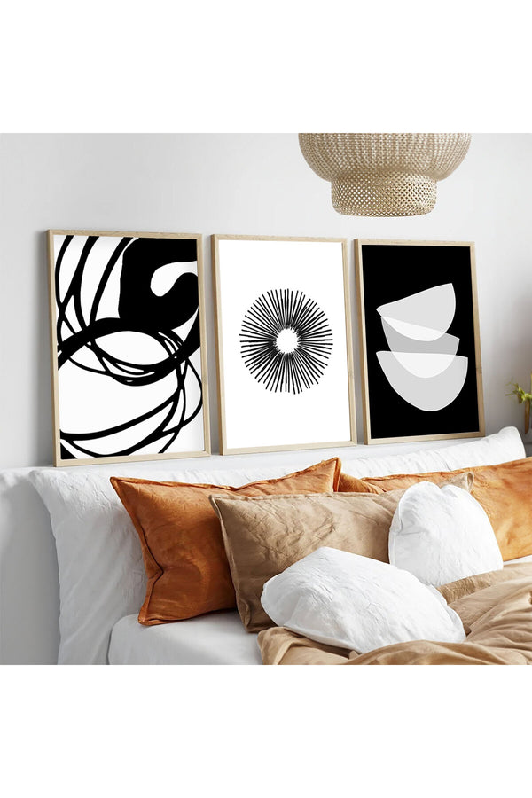 Soyut Desenli Siyah-Beyaz Tablo Seti - Modern 3’lü Set | huhu241