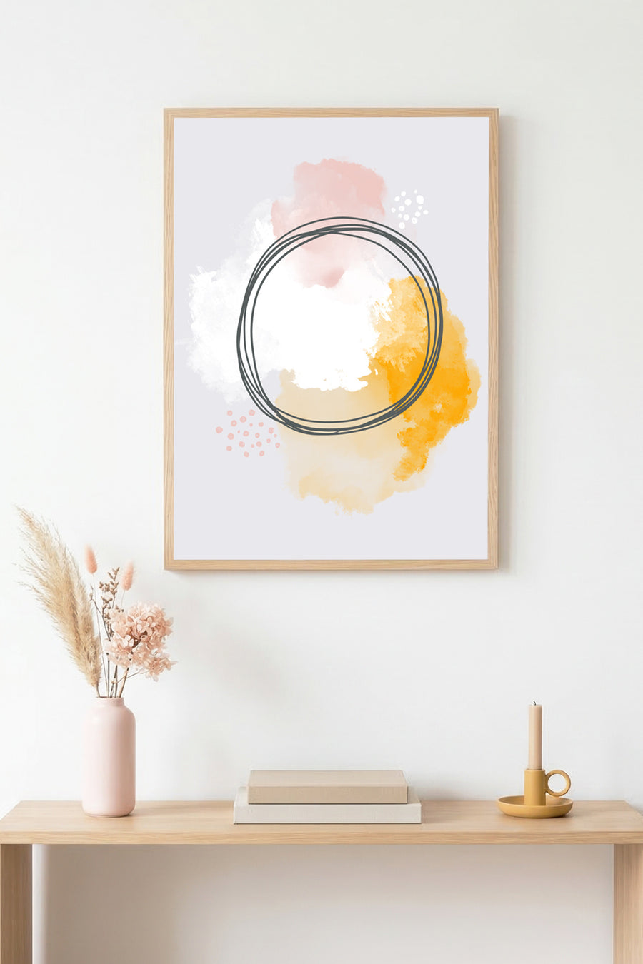 Doğal Ahşap Çerçeveli Soyut Desenli Tablo - Pastel Tonlar | huhu1521