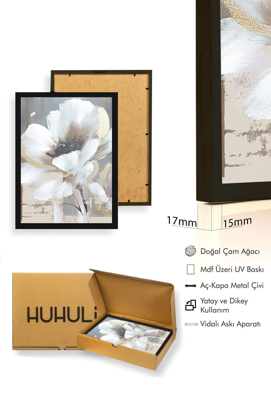 Doğal Ahşap Çerçeveli Çiçek Desenli Tablo - Pastel Tonlar | huhu1319