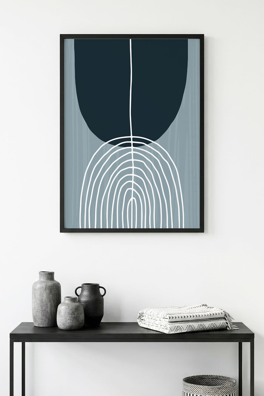 Doğal Ahşap Çerçeveli Minimal Geometrik Desenli Tablo - Soğuk Tonlar | huhu1037