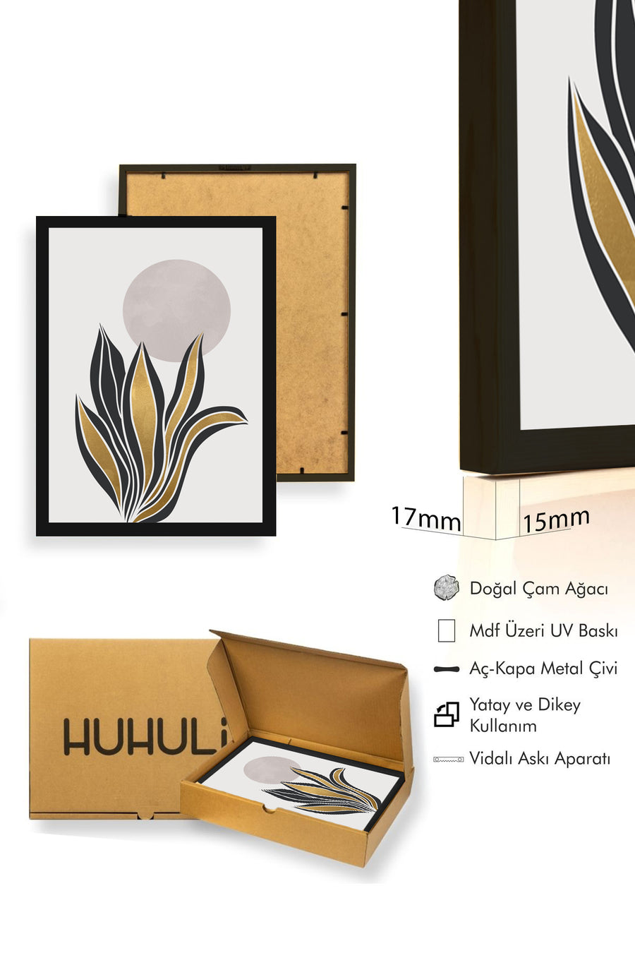 Doğal Ahşap Çerçeveli Yaprak Desenli Tablo - Modern | huhu1420