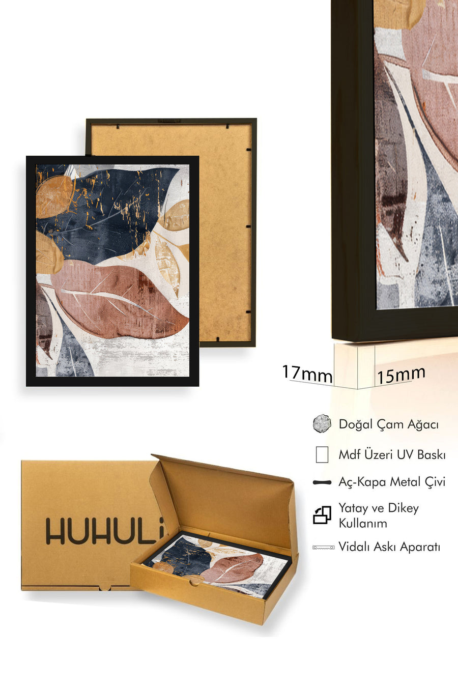 Doğal Ahşap Çerçeveli Yaprak Desenli Tablo - Modern | huhu1285