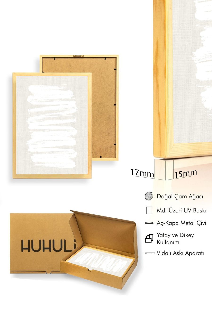 Doğal Ahşap Çerçeveli Minimal Beyaz Fırça Desenli Tablo - Pastel | huhu1069